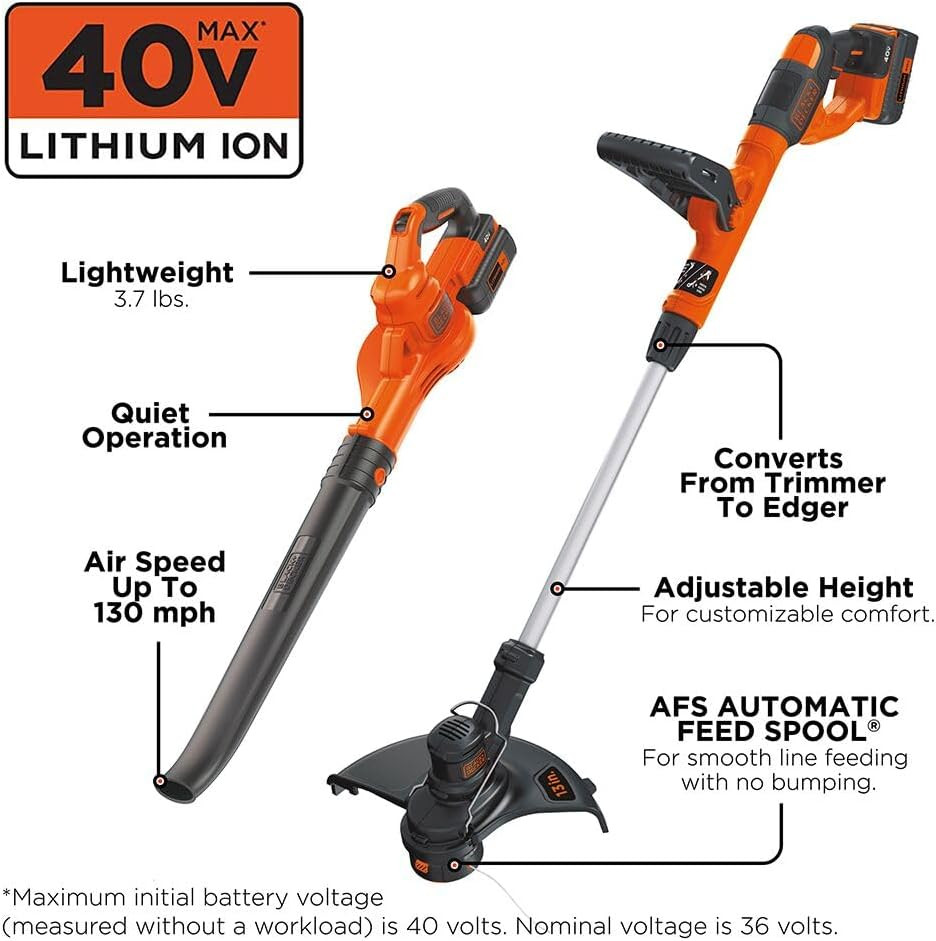 BLACK+DECKER 40V Max 13 In. String Trimmer Edger and Leaf Blower Cordless with B