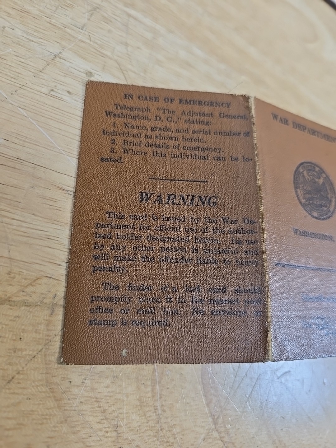 1943 WW2 War DEPARTMENT Identification Card US Army Rare