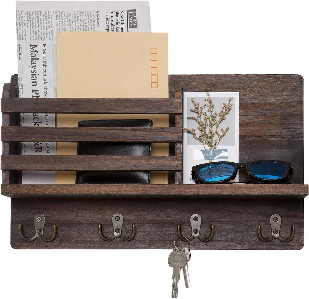 Rustic Farmhouse Wall Mounted Mail Holder with Key Hooks