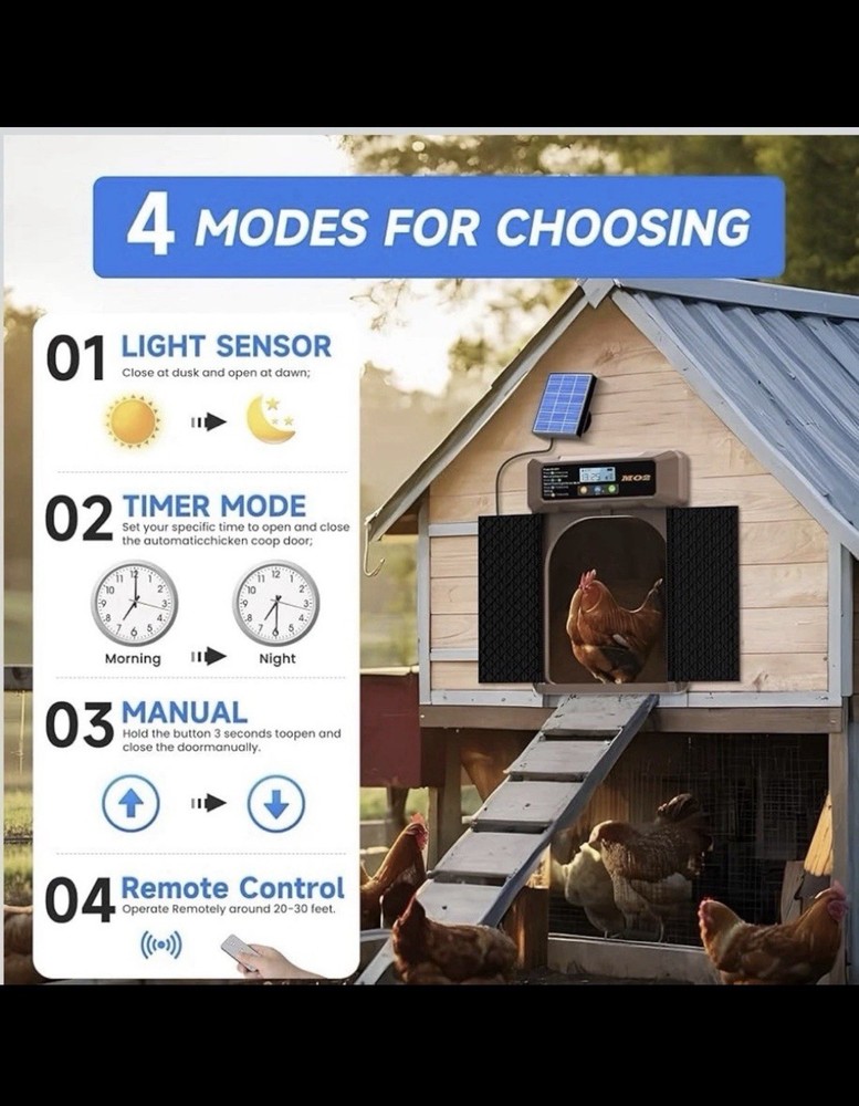 MO2 Automatic Chicken Coop Door Solar Remote Control Waterproof Light Sensor