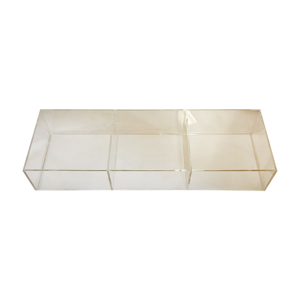 24"x8" Lucite Clear Acrylic Single Tier Counter Bin 3 Cube Divided Display Case