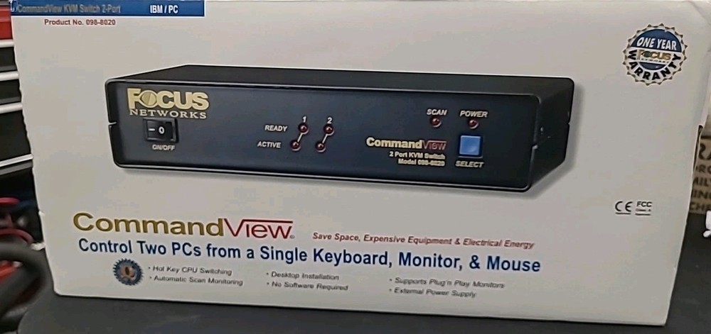Focus Networks CommandView 2 Port KVM Switch FO-098-8020 w Box