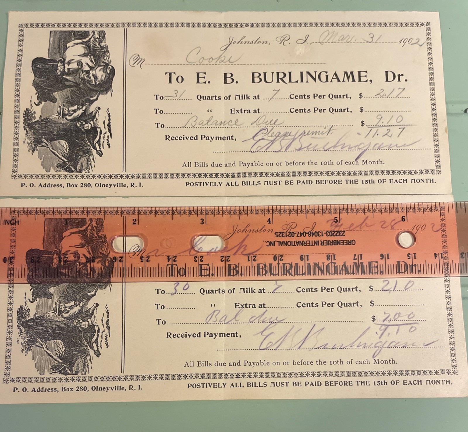 (2) 1902 Johnston Rhode Island Milk Receipts Litho Kids/cow E. B. Burlingame