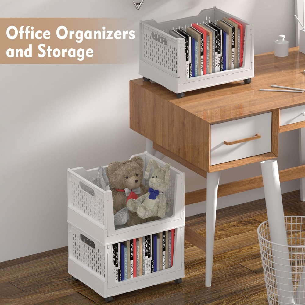 Stackable Plastic Storage Basket, 3 Pack Foldable Closet Organizers and Stora...