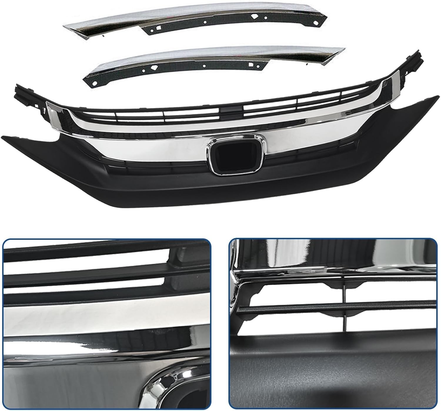 Front Bumper Grille Upper Grill With Chrome Headlight Eyelid Molding Trim Fit...
