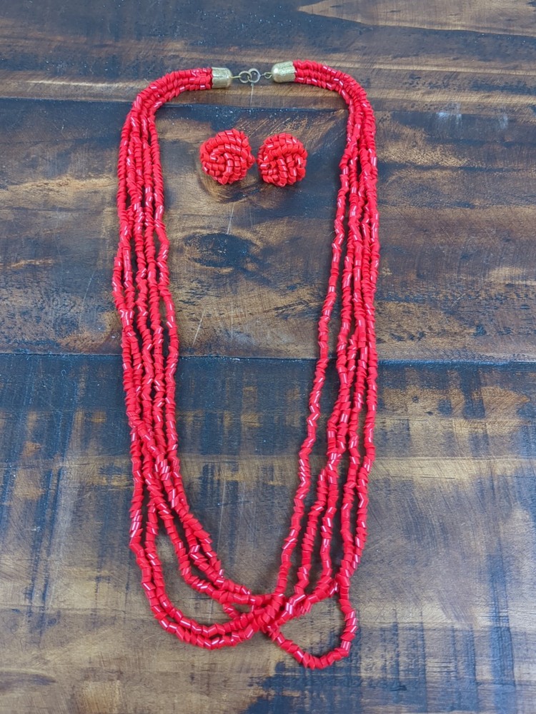 Red Beaded Multi Strand Necklace w Matching Earrings