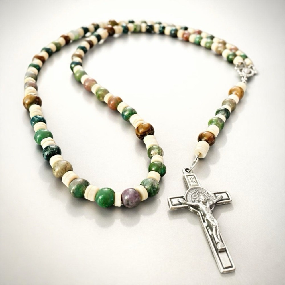 Catholic Rosary Prayer Beads Natural Stone Jasper Shell Accents 15.25”