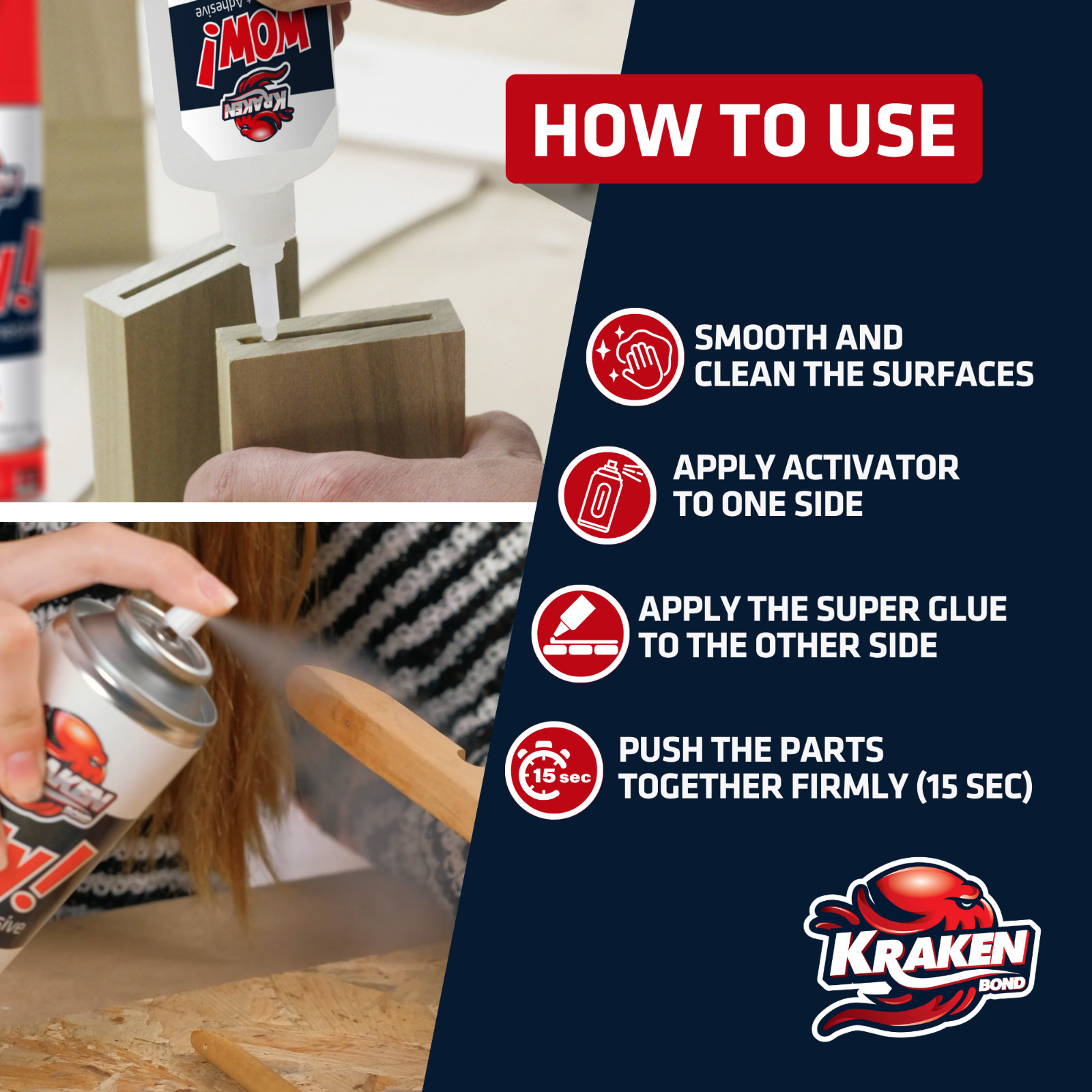 Kraken Bond WOW Super Fast CA Glue + Activator 2 Pack (1.76oz + 6.76oz)