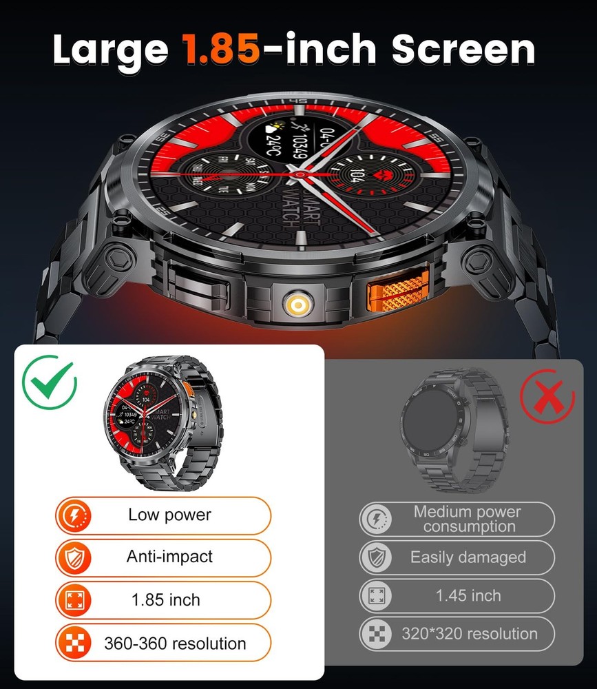 1.85" Large Screen Smart Watches for Men with iOS Android, LED Flashlight/730...
