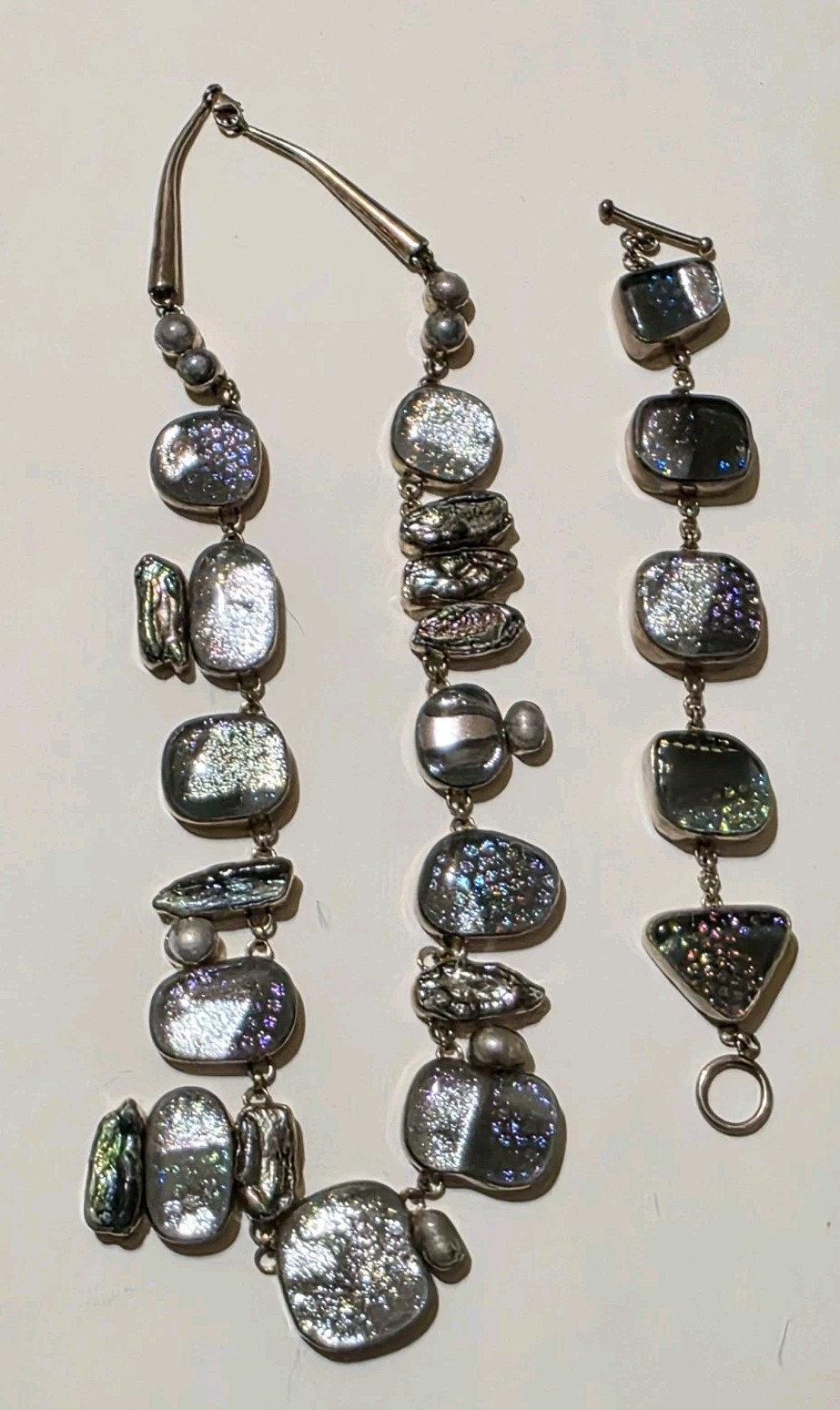 Signed Sterling Silver Dichroic Art Glass Necklace Bracelet Set Large Statement