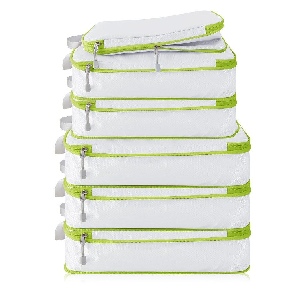 Compression Packing Cubes, 6 Set Cubes for 6 Set, White and Green