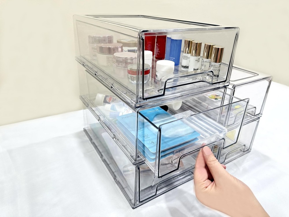 Stackable storage drawers, clear pull-out organizer with handles and non-slip...