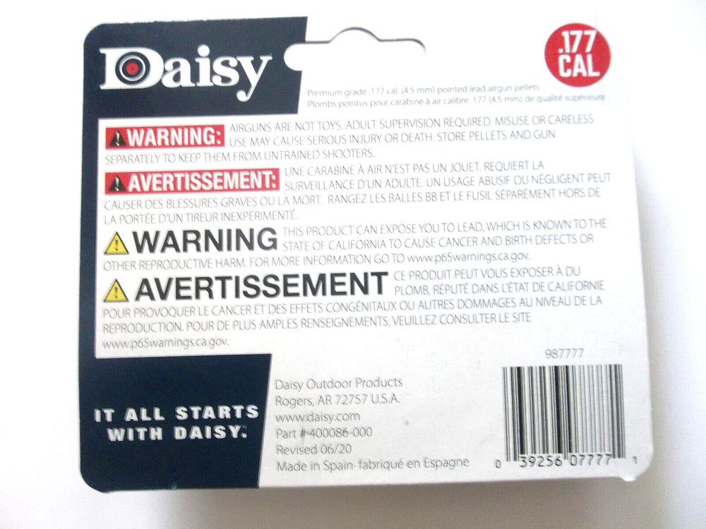 DAISY Precision Max 250 Count POINTED 4.5mm .177 Caliber Pellets Target