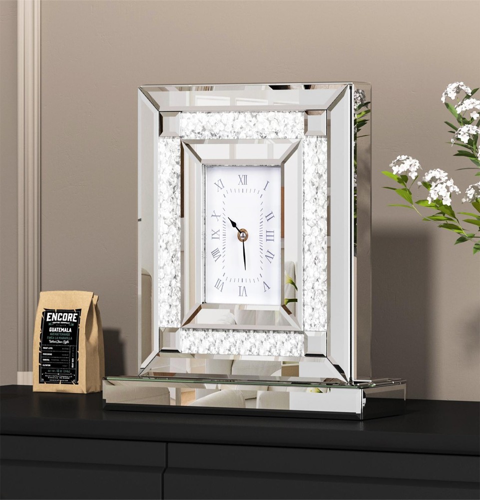 Crystal Crush Diamond Mirrored Square Clock Decorative Silver Table Quartz Clock