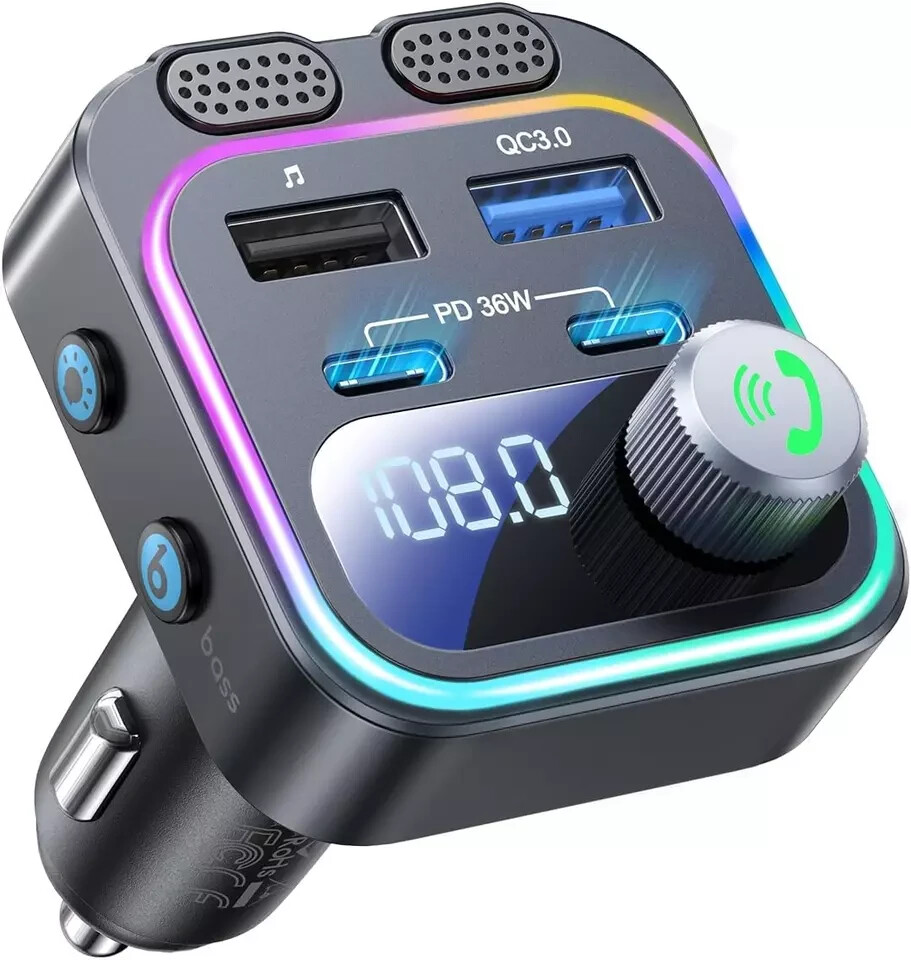 60W Bluetooth 5.4 FM Transmitter Car Adapter [Reinforced Dual Mics & Deep Bass]