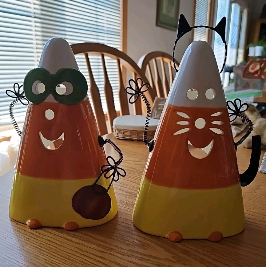 Pair Candycorn Halloween Tealight Cat & Monster Luminary Ceramic 8" Tall