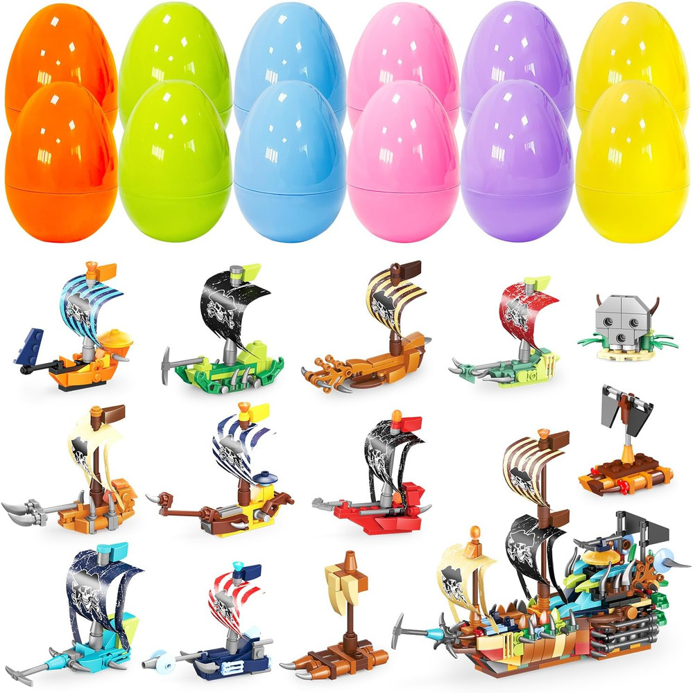 12 Pack Easter Plastic Eggs with Pirate Ship Building Blocks for Easter Theme Pa
