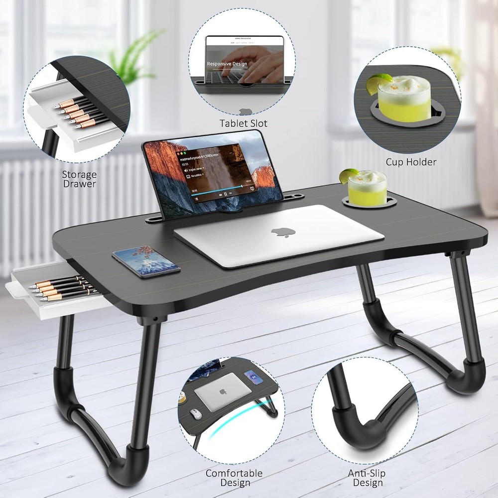 Foldable Laptop Table Lap Dining Table with Storage Drawers (Curved)