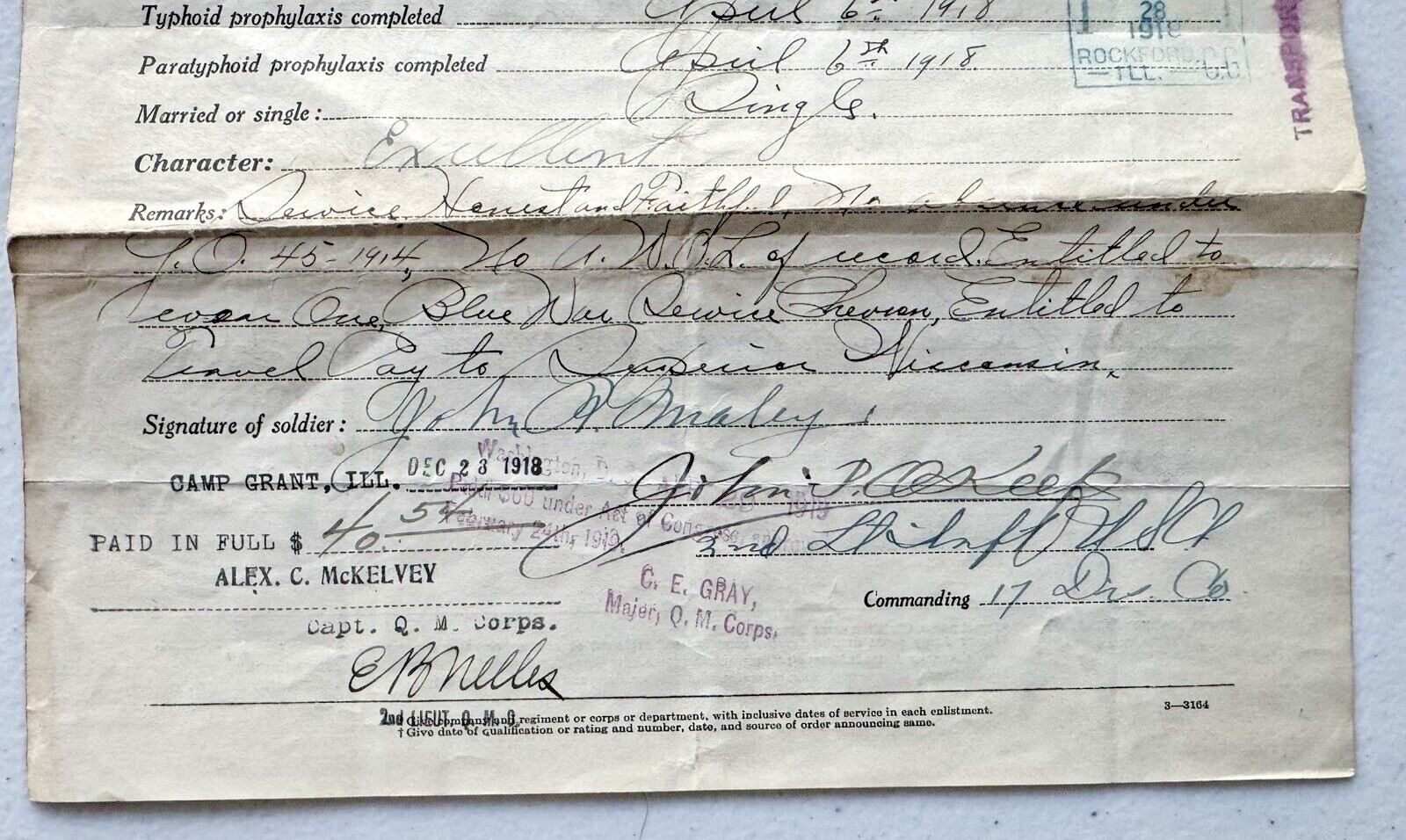 1918 WWI HONORBLE DISCHARGE PAPERS FROM THE UNITED STATES ARMY PRIVATE MALEY