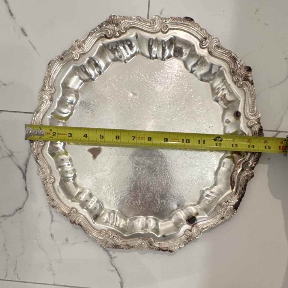 English Silver Mfg Corp Silver Plate Ornate Round Tray, Approx. 15”