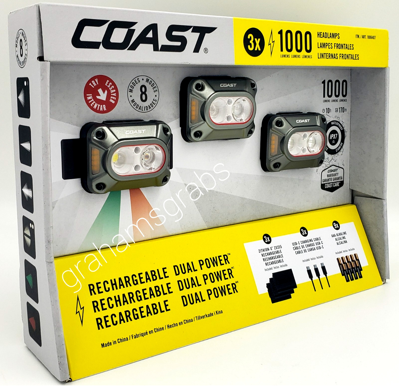 COAST CH1000R 1000-Lumen HEADLAMP 3 Ct. RECHARGEABLE DUAL POWER IPX7 WATERPROOF