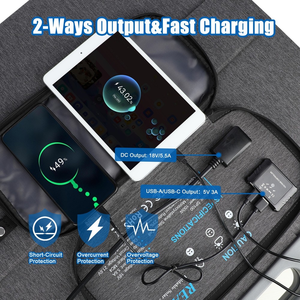 100W Portable Solar Panel, 18V Foldable Monocrystalline Solar Panel Kit