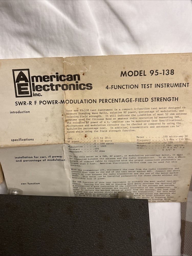 American Electronics 4 Function Transceiver Test Meter model 95-138 Untested