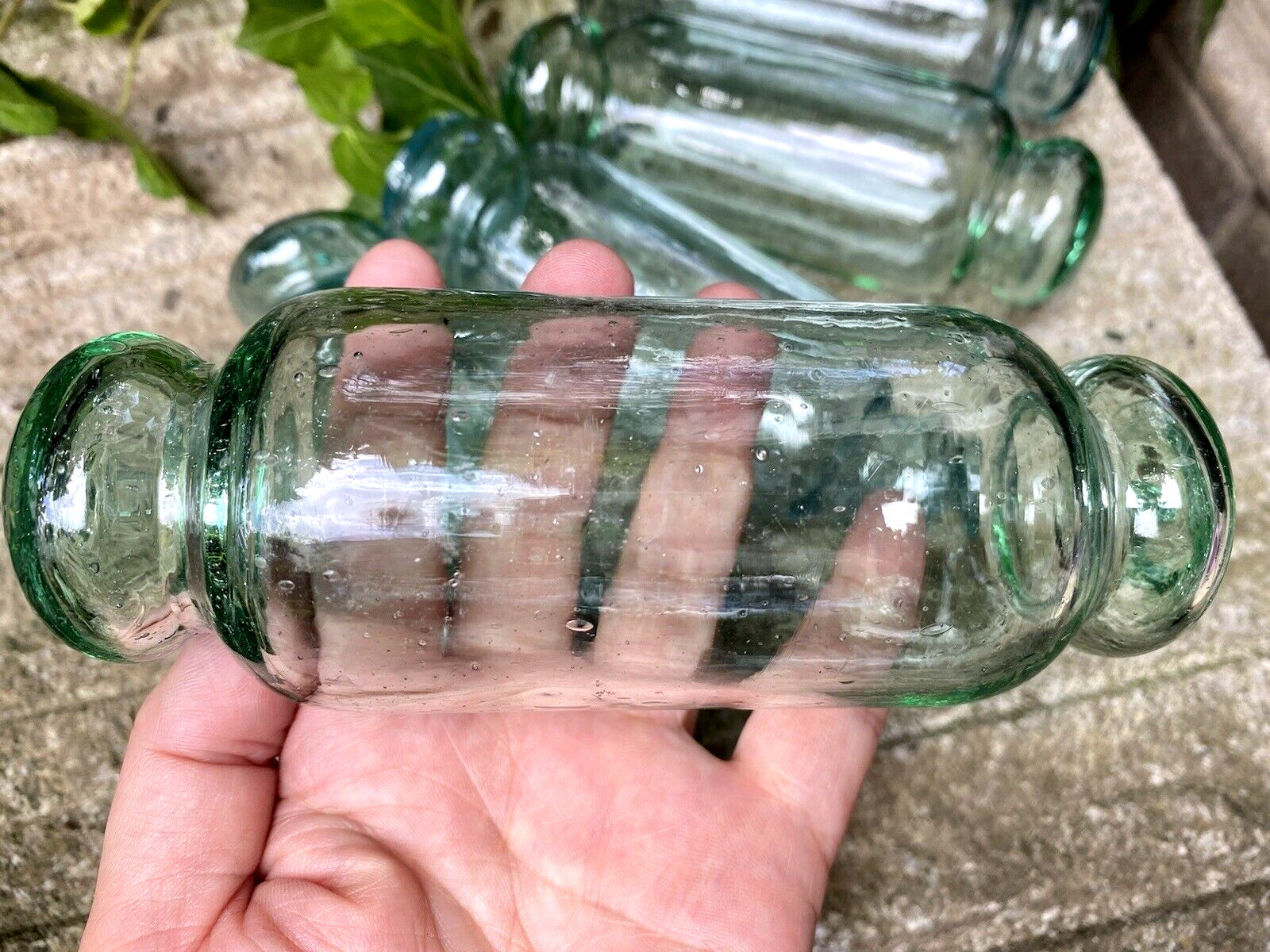 Set of 5 Japanese Glass Floats Antique Blue and Green Rolling Pin Fishing Decor