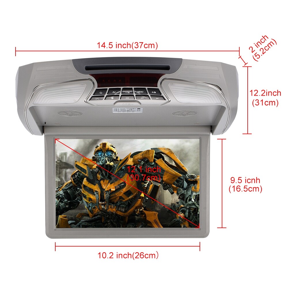 Gray 12.1" Car Flip Down Overhead Roof Mounted Monitor w/ DVD Player Wide Screen