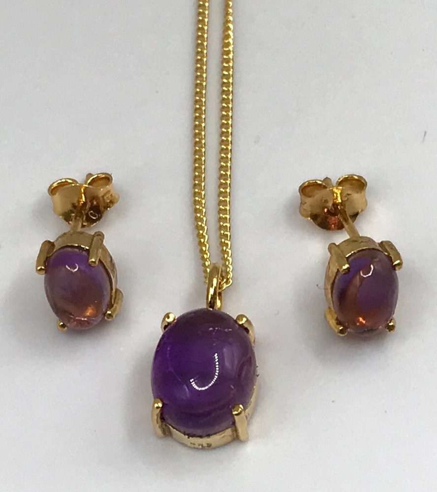 Amethyst cabochon set, stud earrings, pendant, gold on solid sterling silver.