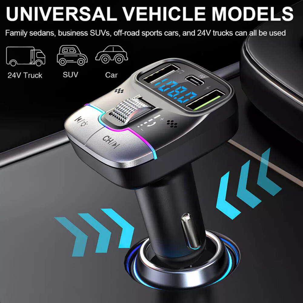 Car Bluetooth 5.3 FM Transmitter Wireless USB PD Adapter MP3 Player Fast Charger