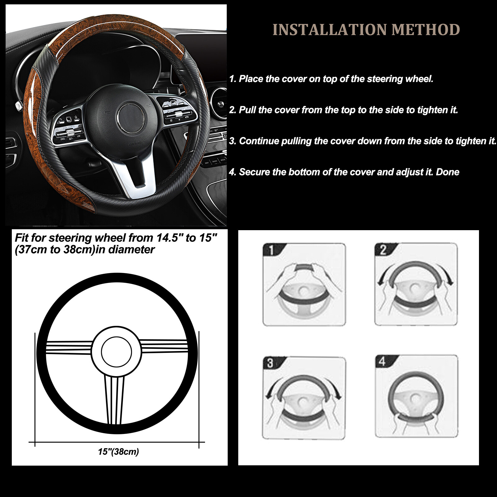 38cm/15" Car Steering Wheel Cover Mahogany Wood Grain Anti-slip Accessories
