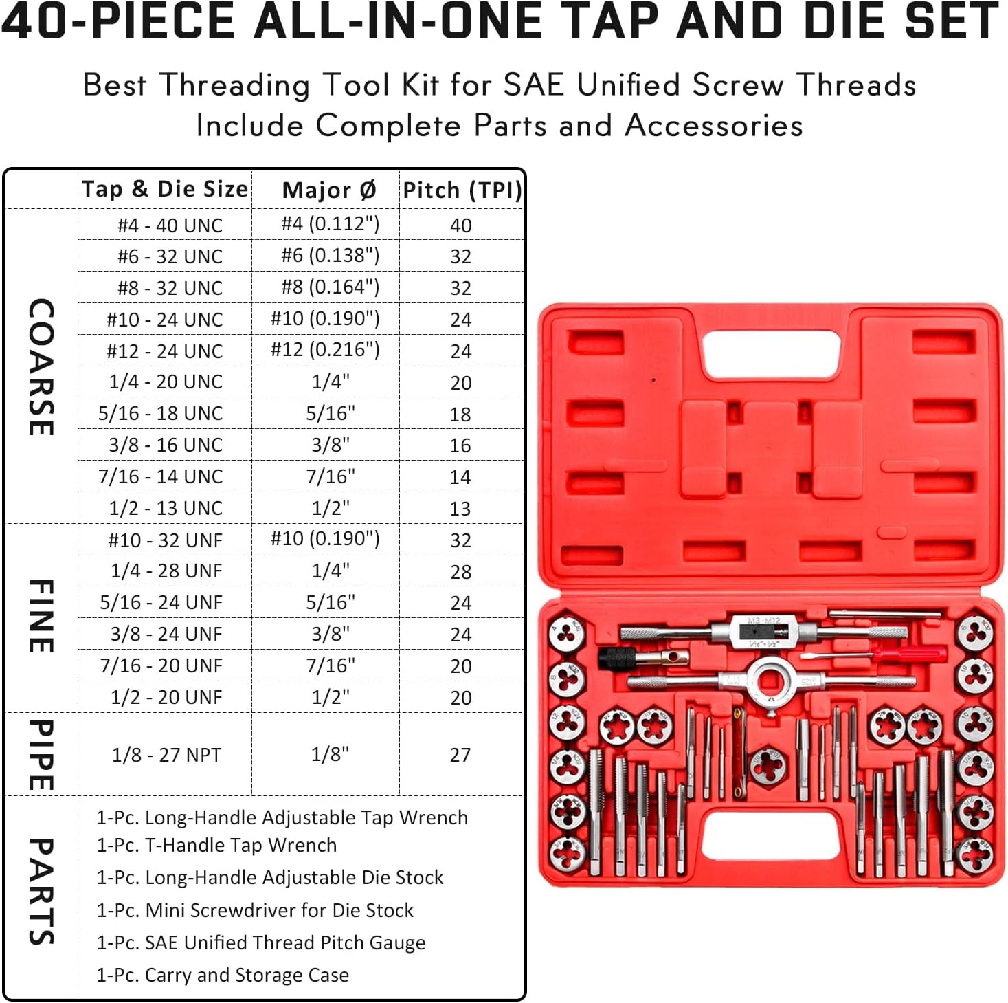 40pc Tap & Die Set SAE Thread #4 to 1/2” UNC Coarse UNF Fine & NPT Threading Kit