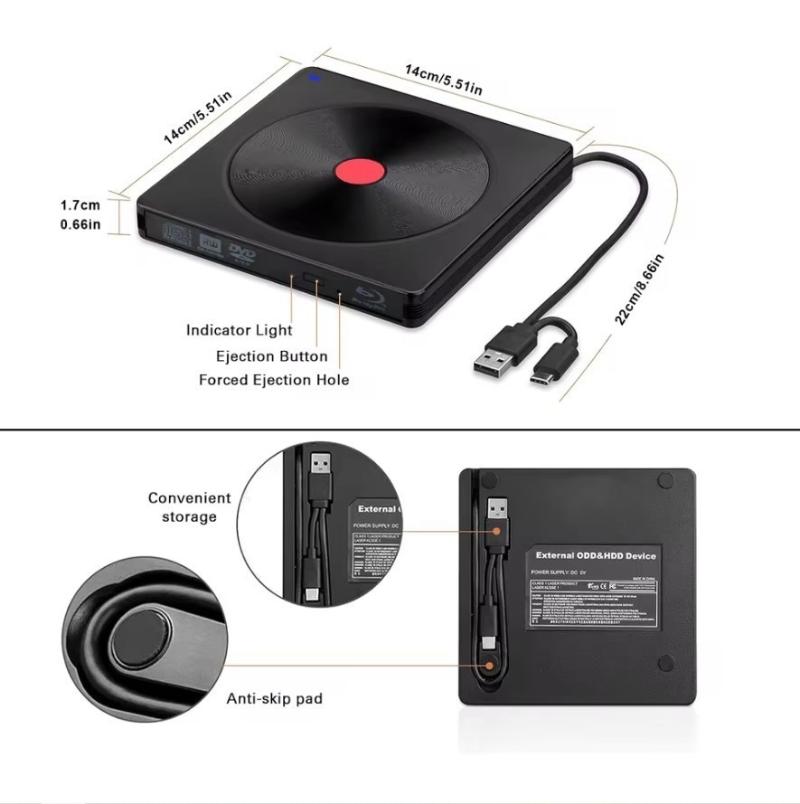 Portable External Blu-ray Drive USB 3.0 & Type-C BD Reader DVD/CD Burner