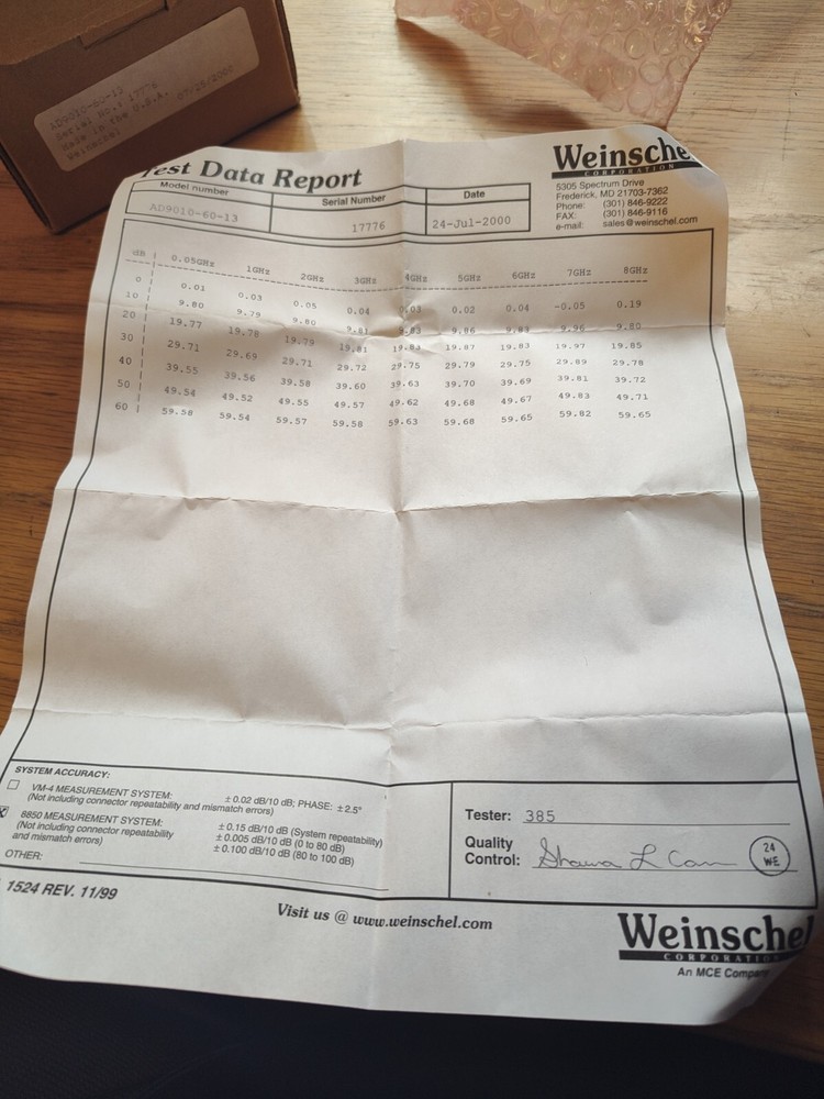 weinschel attenuator model AD9010-60-13 With Test Report