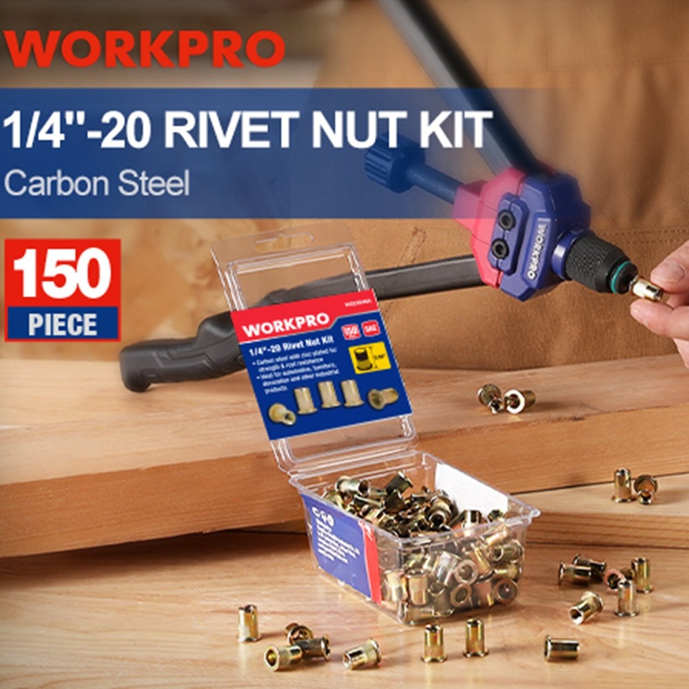 WORKPRO 150PC Rivet Nut 1/4"-20 Zinc Plated Rivnut Flat Head Threaded Insert Nut