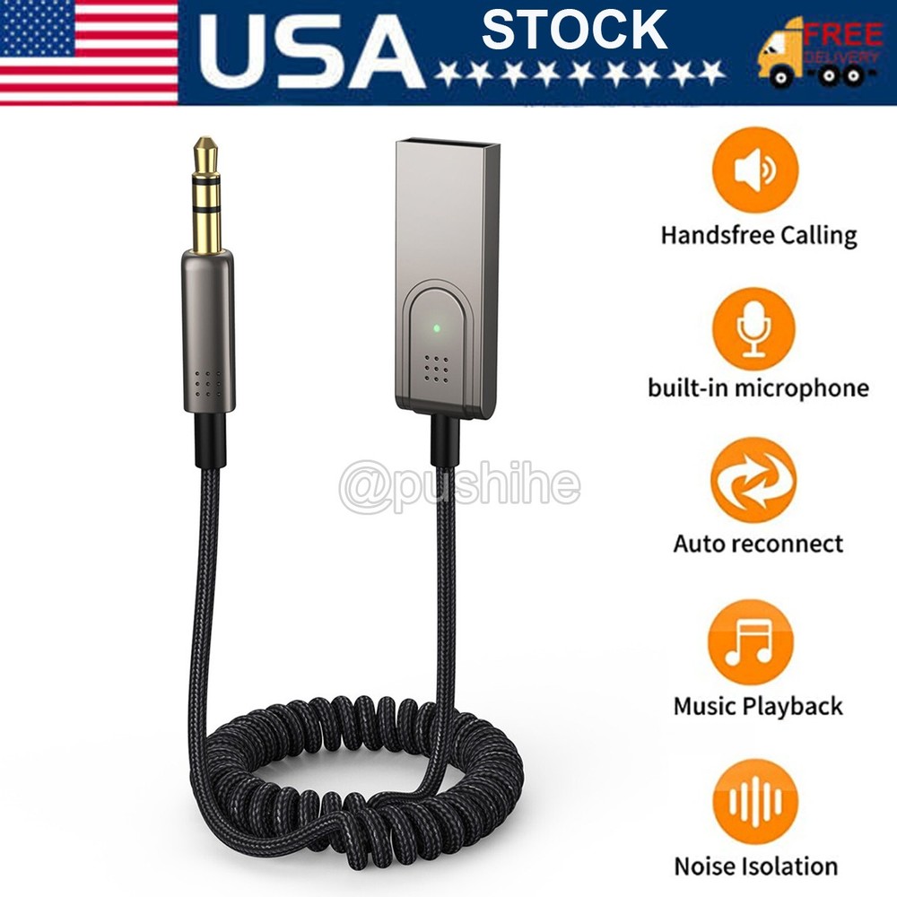 Aux to Bluetooth 5.1 Adapter Silver 3.5mm Bluetooth Receiver Microphone for Car