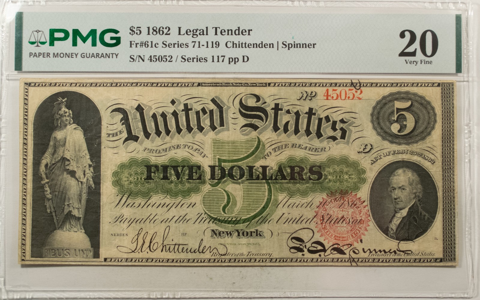 1862 $5 LEGAL TENDER FR#61C SMALL RED TY 2 CHITTENDEN SPINNER PMG VF-20 PINHOLES