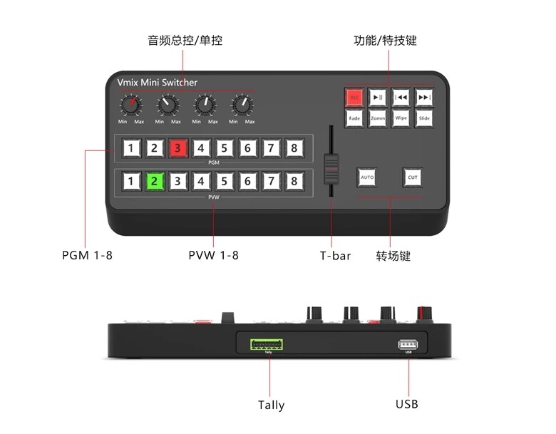 TYST Vmix Mini Panel Switcher Control MIDI2.0 8-Channel Video USB Tally Output