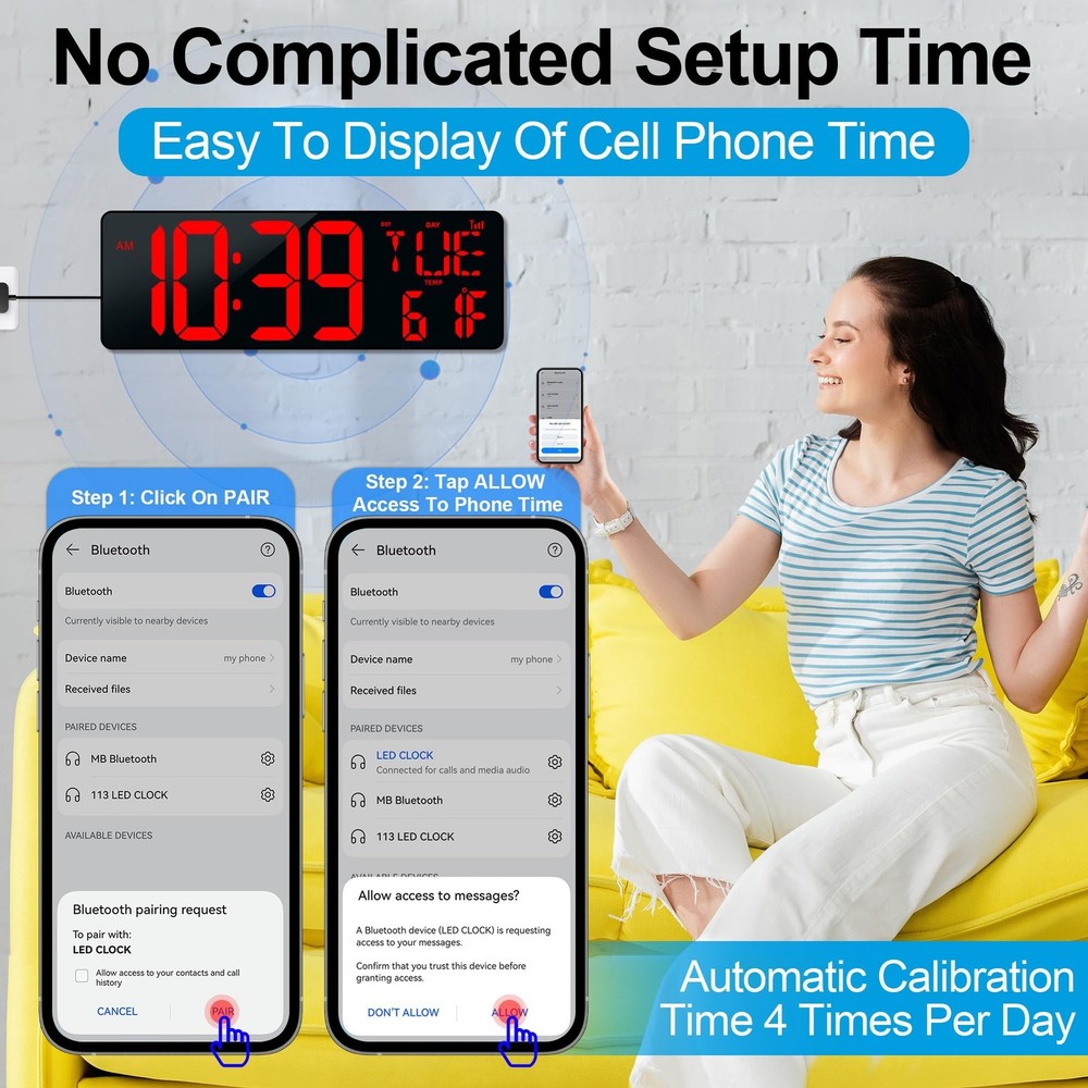 CYMHCHL Large Digital Wall Clock 17.2" Bluetooth Auto Time Sync Led Digital C...