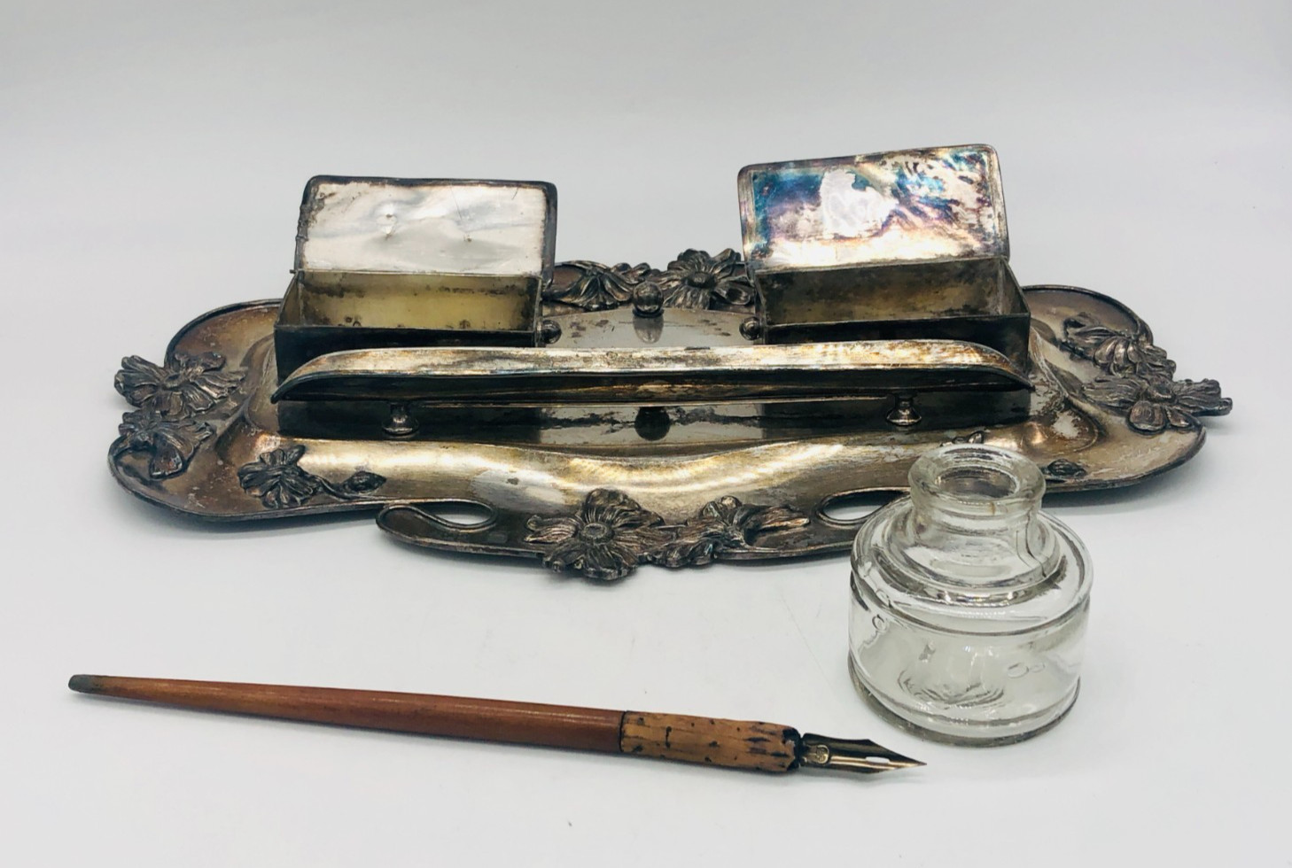 Antique 1905 Derby Silver Co. Art Nouveau Inkwell Set - Engraved #1778 - USA