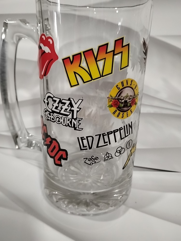 Kiss Band Large Jumbo Beer Stein 32 oz Glass Mug 7 7/8” Ozzy Osbourne AC/DC Pin