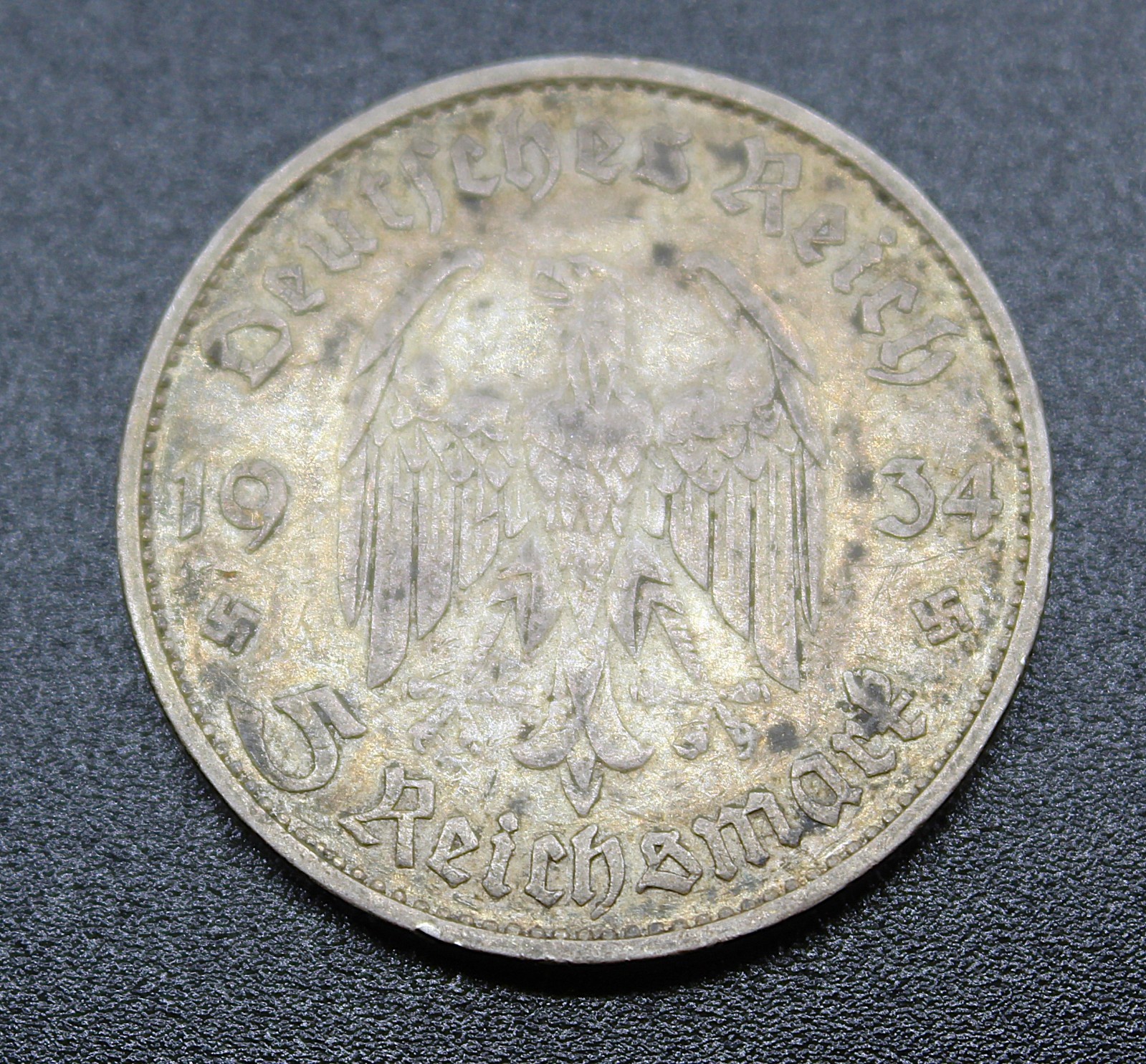 1934 D GERMAN Third Reich Silver WWII 5 Reichsmark Potsdam Garrison Church Coin
