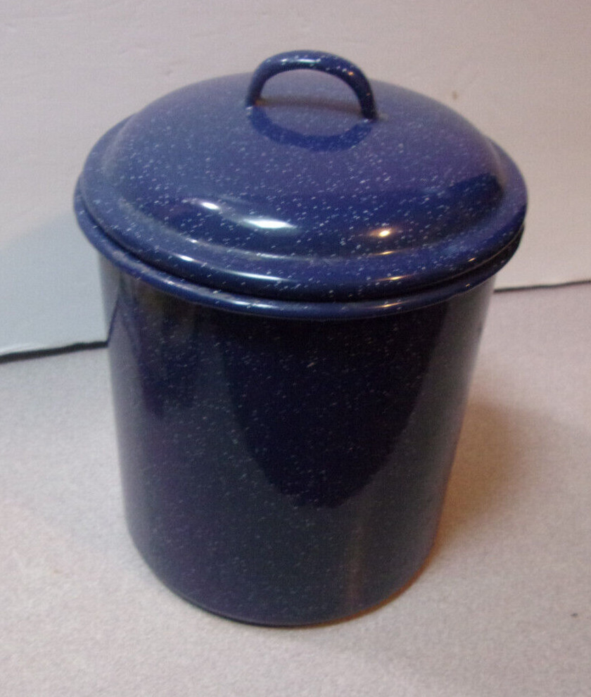 Blue Enamel Pot Container w/ Lid 6"