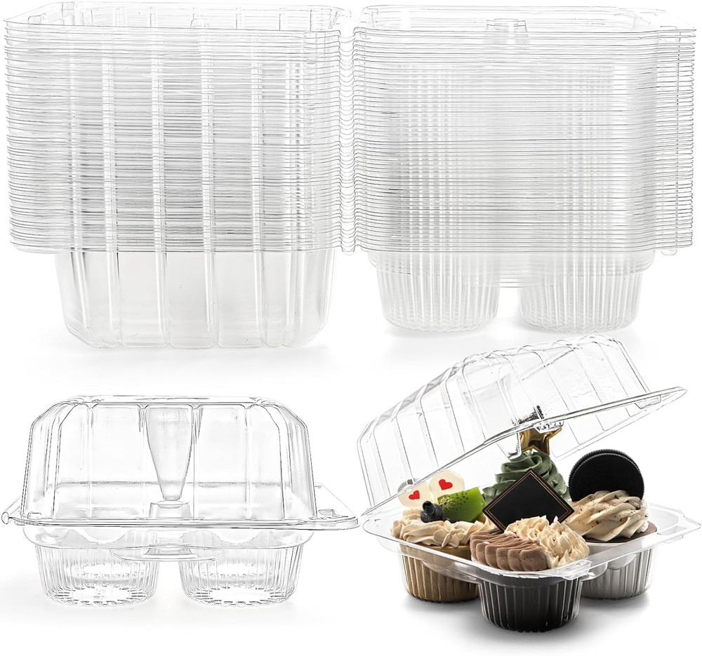 50 Pack Clear Cupcake Box 4 Cavity Plastic Holder Deep Dome Disposable Container