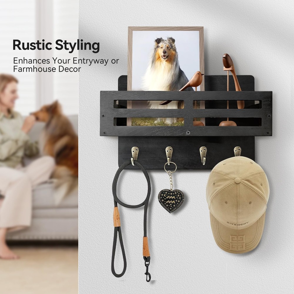 Wall-Mounted Key Holder & Mail Organizer with Hooks - Entryway Storage & Decor