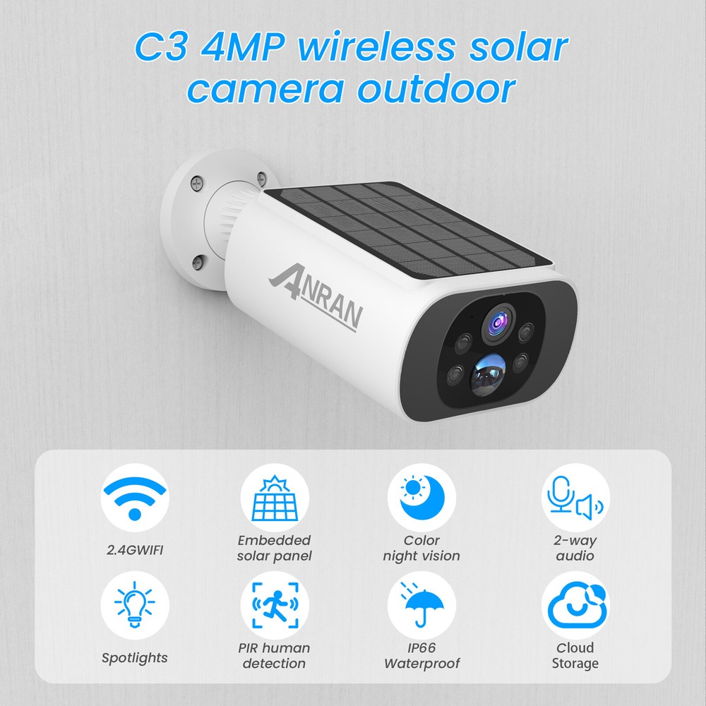 ANRAN Security Camera System Wireless Solar 4MP CCTV 2Way Audio+64GB SD Card