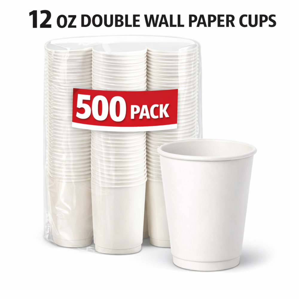 12oz Double Wall Paper Cups 500 Pack Bulk Disposable Coffee Cups