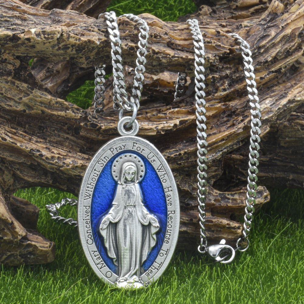 Large 1 3/4" Blue Miraculous Medal Mary Pendant Necklace Italy w 24" Curb Chain