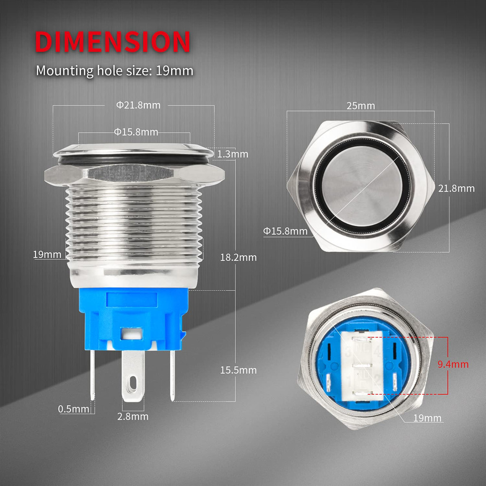 12V Latching Push Button Switch Marine Waterproof round Blue LED Pushbutton Swit